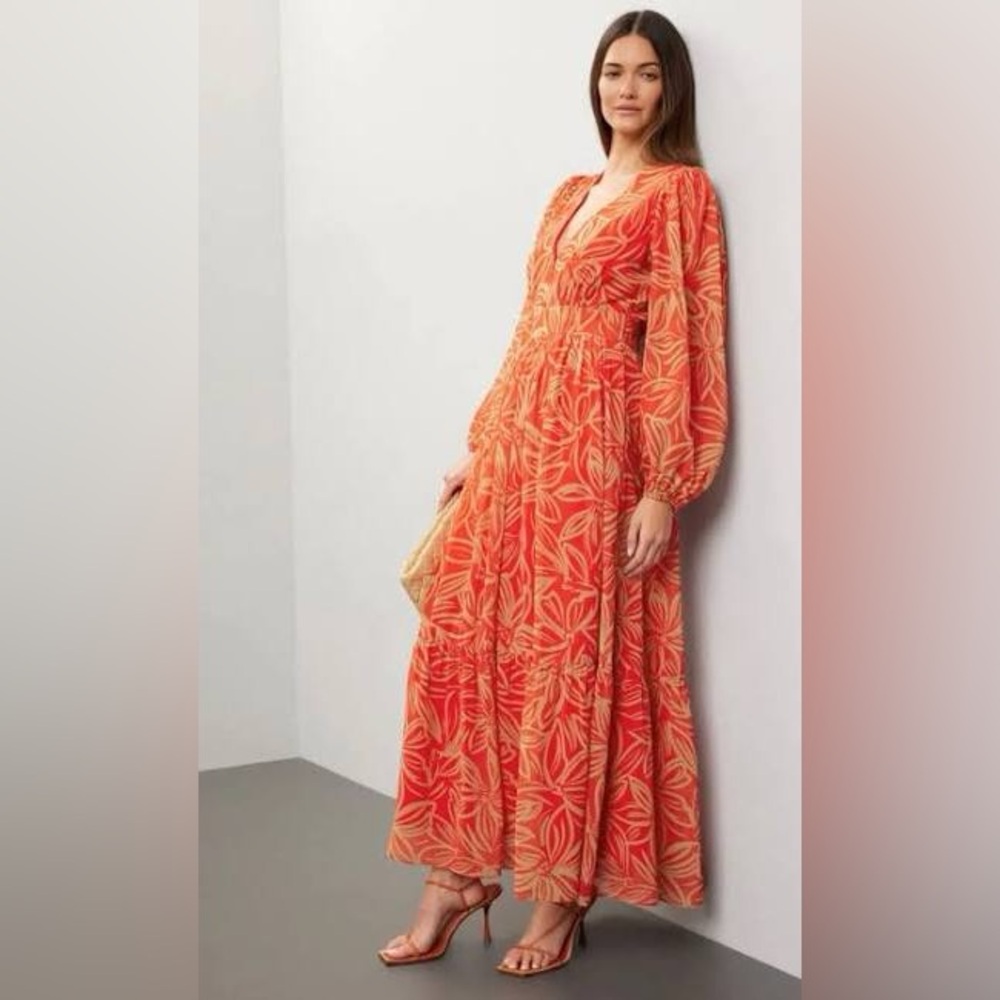Toccin x RTR Orange And Tan Print Long Sleeve Maxi Dress